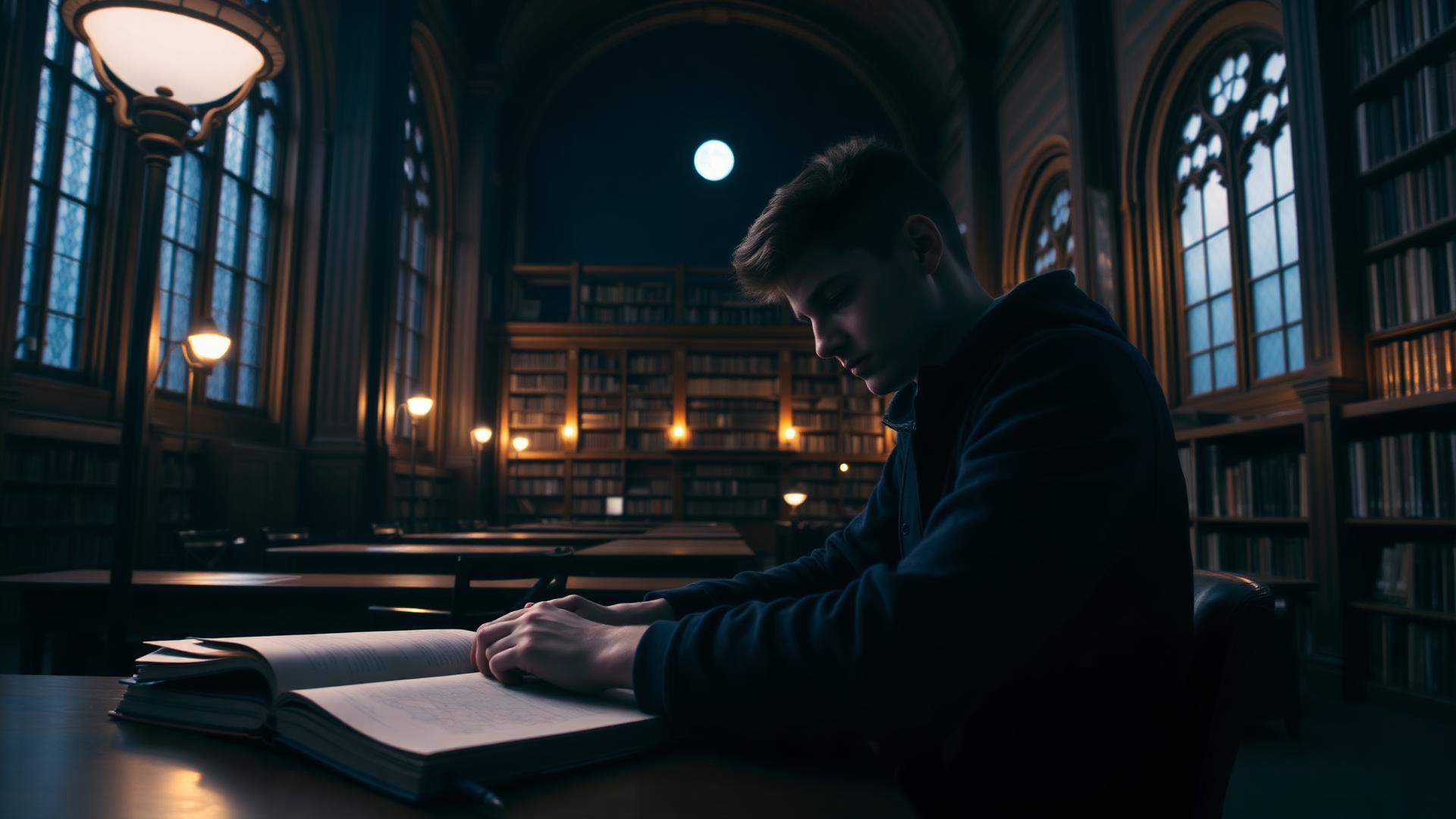 A Level Geography student studying in a classical library